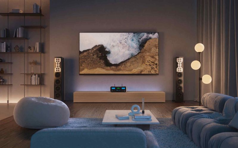 family room with white couch and TV