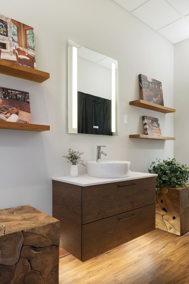 Vanity display with LED mirror, sink, and wood shelves