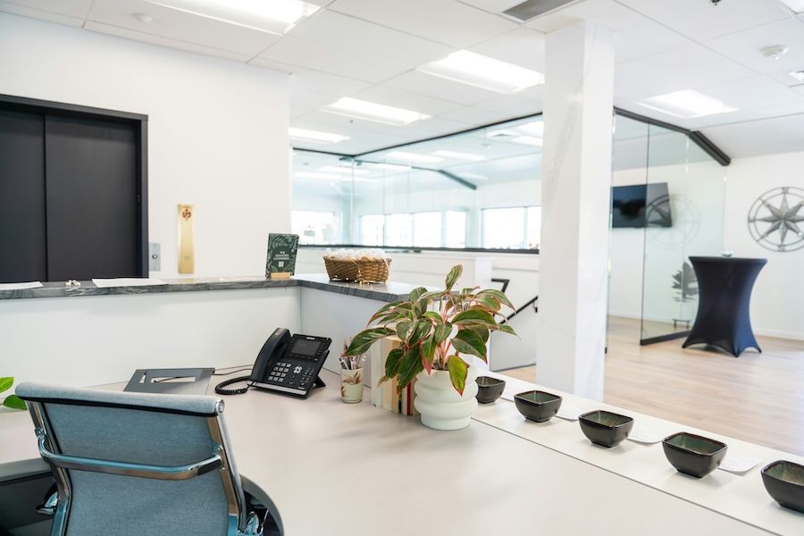 Modern office reception area with a desk, phone, potted plant, and glass-walled meeting room in a bright open space.